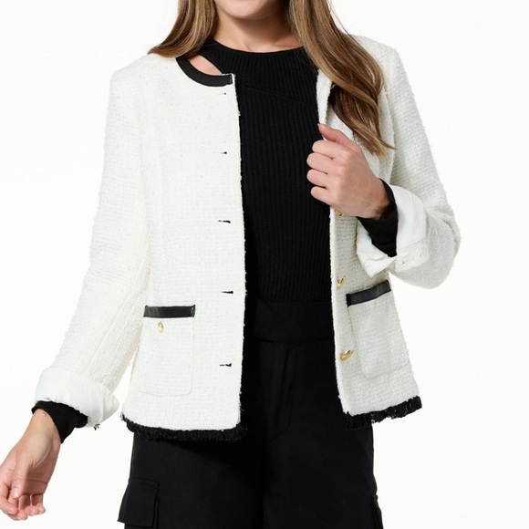 G by Giuliana Womens Faux Tweed Jacket Blazer Ivory Medium Career Casual Modest - Picture 1 of 12